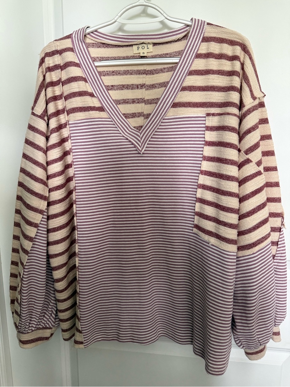 POL Striped V-Neck Sweater Top - Cream & Mauve